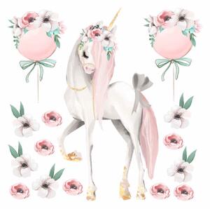 Dětská nálepka na zeď Pastel unicorns - jednorožec, bílé a červené květy s balony