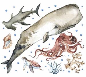 Dětská nálepka na zeď Ocean - velryba, chobotnice, žralok a želva