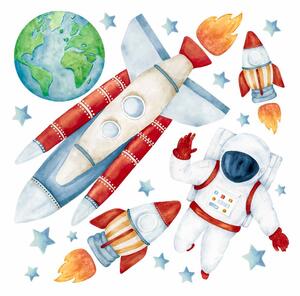 Dětská nálepka na zeď Solar system - Země, měsíc, astronauti, satelit a rakety