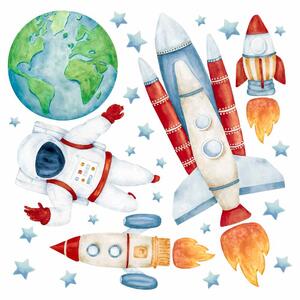 Dětská nálepka na zeď Solar system - Země, rakety a astronaut