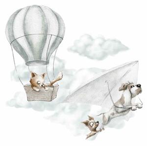 Dětská nálepka na zeď Adventure in the sky - kočka v balónu a pejsky na rogalu Rozměry: 98 x 96 cm