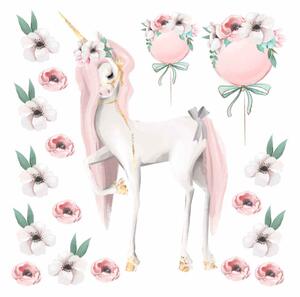 Dětská nálepka na zeď Pastel unicorns - jednorožec, červené květiny, bílé květiny, balóny