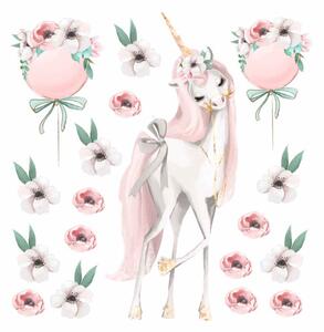Dětská nálepka na zeď Pastel unicorns - jednorožec, balóny s bílými a červenými květy