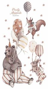 Dětská nálepka na zeď Party animals - medvídek, zajíček a veverka s balony