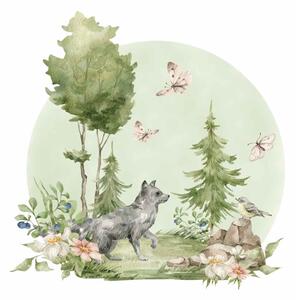Dětská nálepka na zeď Inhabitants of the forest - vlk, ptáček a motýlky Rozměry: 95 x 95 cm