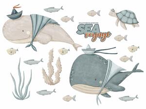 Dětská nálepka na zeď Sea voyage - velryby, želvy a mořské řasy