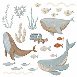 Dětská nálepka na zeď Sea voyage - velryby, mořské řasy a rybičky