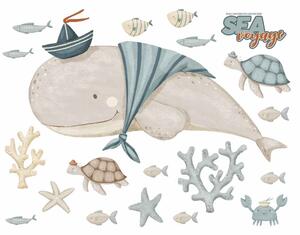 Dětská nálepka na zeď Sea voyage - velryba, korály, želvy a ryby