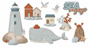 Dětská nálepka na zeď Sea voyage - maják, domečky a velryba