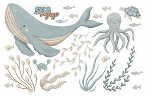 Dětská nálepka na zeď Sea voyage - velryba, chobotnice a mořské řasy