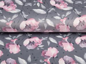 Sametová látka Tamara TMR-013 Růžové květy na šedém - šířka 150 cm