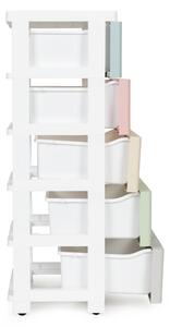 ModernHOME Knihovna s 5 výsuvnými zásuvkami, nohy s kolečky, barevné zásuvky