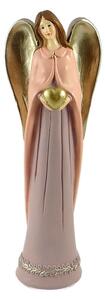 Anděl ve fialovo-růžových šatech se zlatými křídly a srdcem 22 cm – dekorativní soška z polyresinu (Dekorativní andělská figurka srdce 22 cm fialovo-růžová)