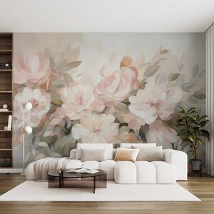 Fototapety Světle růžové a bílé květy se zelenými listy, malířský styl, impresionistický styl, texturované, Fototapety akvarel, w09824 : uwalls.cz
