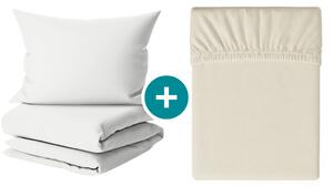 Sada krepového povlečení DENYX BLEND světle krémové, hotelová kapsa + prostěradlo Jersey 90 x 200 cm šedobéžové, jednolůžko