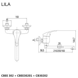 Dřezová nástěnná baterie, Lila, 150 mm, s ramínkem plochým rovným 210 mm, chrom