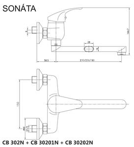 Dřezová nástěnná baterie, Sonáta, 150 mm, s ramínkem plochým rovným 160 mm, chrom