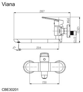 Dřezová nástěnná baterie, Viana, 150 mm, s ramínkem plochým rovným 200 mm, chrom