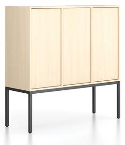 Kancelářská skříň FRAME, nízká, černá podnož, 3x dveře, 1299 x 450 x 1331 mm, PUSH-lock, bříza