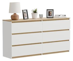 Komoda Komoda s 6 zásuvkami, bílá dubová, Torro 140 cm, moderní, prostorná, do obývacího pokoje nebo ložnice