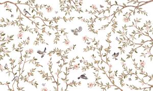 FUGU tapeta s růžovými květy a větvičkami Materiál: Digitální eko vlies - klasická tapeta nesamolepicí