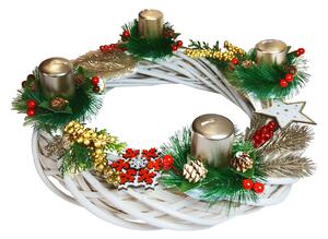 Adventní bílý svícen se stříbrnými svíčkami a zlato bílou dekorací