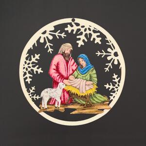 AMADEA Dřevěná ozdoba barevná kulatá Svatá rodina, 8 cm, český výrobek