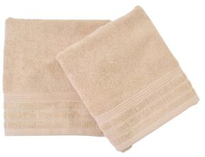 Jednobarevný froté ručník s jemným vytkaným vzorem ve spodní části. Barva ručníku je béžová. Rozměr ručníku 50x100 cm. Plošná hmotnost 450 g/m2. Praní na 60°C