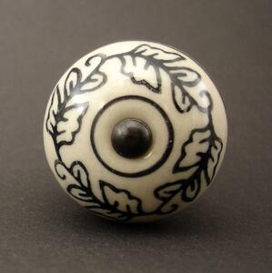 Keramická úchytka- Krémová s černými lístky Barva kovu: antik světlá