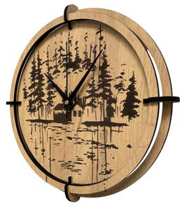 Dřevěné nástěnné hodiny Lesní chatka u jezera | SENTOP HDF0585-GOLD-OAK