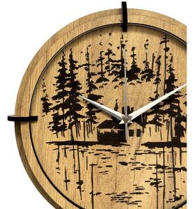 Dřevěné nástěnné hodiny Lesní chatka u jezera | SENTOP HDF0585-GOLD-OAK