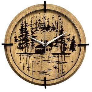 Dřevěné nástěnné hodiny Lesní chatka u jezera | SENTOP HDF0585-GOLD-OAK