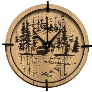 Dřevěné nástěnné hodiny Lesní chatka u jezera | SENTOP HDF0585-GOLD-OAK
