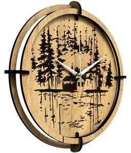 Dřevěné nástěnné hodiny Lesní chatka u jezera | SENTOP HDF0585-GOLD-OAK