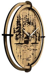 Dřevěné nástěnné hodiny Lesní chatka u jezera | SENTOP HDF0585-GOLD-OAK