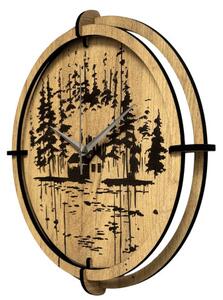 Dřevěné nástěnné hodiny Lesní chatka u jezera | SENTOP HDF0585-GOLD-OAK