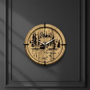 Dřevěné nástěnné hodiny Lesní chatka u jezera | SENTOP HDF0585-GOLD-OAK