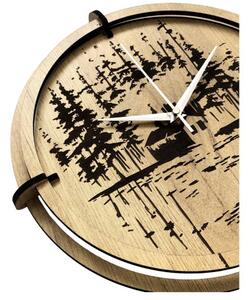 Dřevěné nástěnné hodiny Lesní chatka u jezera | SENTOP HDF0585-GOLD-OAK