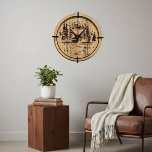 Dřevěné nástěnné hodiny Lesní chatka u jezera | SENTOP HDF0585-GOLD-OAK