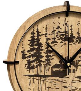 Dřevěné nástěnné hodiny Lesní chatka u jezera | SENTOP HDF0585-GOLD-OAK