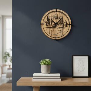 Dřevěné nástěnné hodiny Lesní chatka u jezera | SENTOP HDF0585-GOLD-OAK
