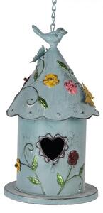 Modrá závěsná kovová dekorace ptačí budka s květy - 16*19*29 cm - Clayre & Eef