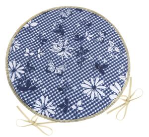 BELLATEX Sedák DITA kulatý hladký Kostička s květem modrá průměr 40 cm