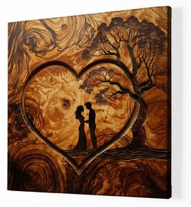 Obraz na plátně - Milenci v srdci a strom života, dřevo styl FeelHappy.cz Velikost obrazu: 40 x 40 cm