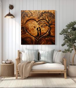 Obraz na plátně - Milenci v srdci a strom života, dřevo styl FeelHappy.cz Velikost obrazu: 40 x 40 cm
