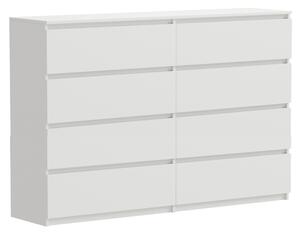 Komoda bílá, 8 zásuvek, matná, 140 x 34 x 100 cm, extra velká, moderní, do ložnice nebo kanceláře