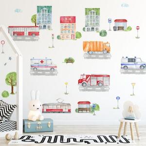 Dekorace na stěnu - Sada barevných nálepek s městským motivem aut a bytovek