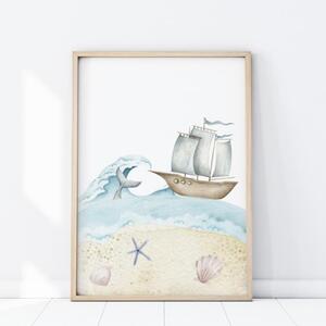 Dekorace na stěnu - Dekorační plakát s lodí na rozbouřeném moři 13 x 18