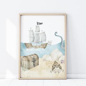 Dekorace na stěnu - Dětský plakát na zeď s pirátskou lodí 13 x 18
