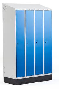 AJ Produkty Šatní skříňka CLASSIC, šikmá střecha, se soklem, 4 sekce, 2050x1200x550 mm, modré dveře